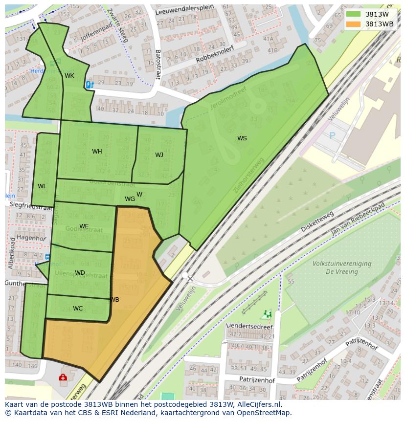 Afbeelding van het postcodegebied 3813 WB op de kaart.