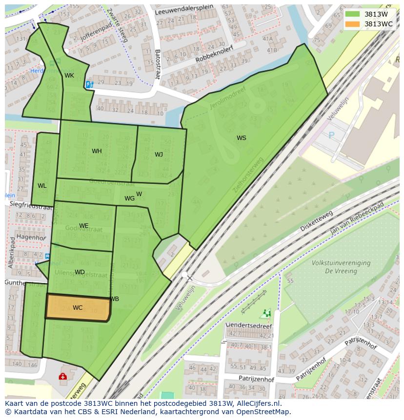 Afbeelding van het postcodegebied 3813 WC op de kaart.