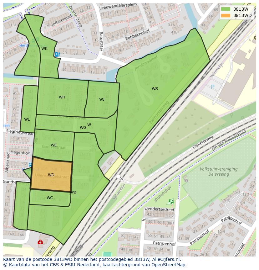 Afbeelding van het postcodegebied 3813 WD op de kaart.