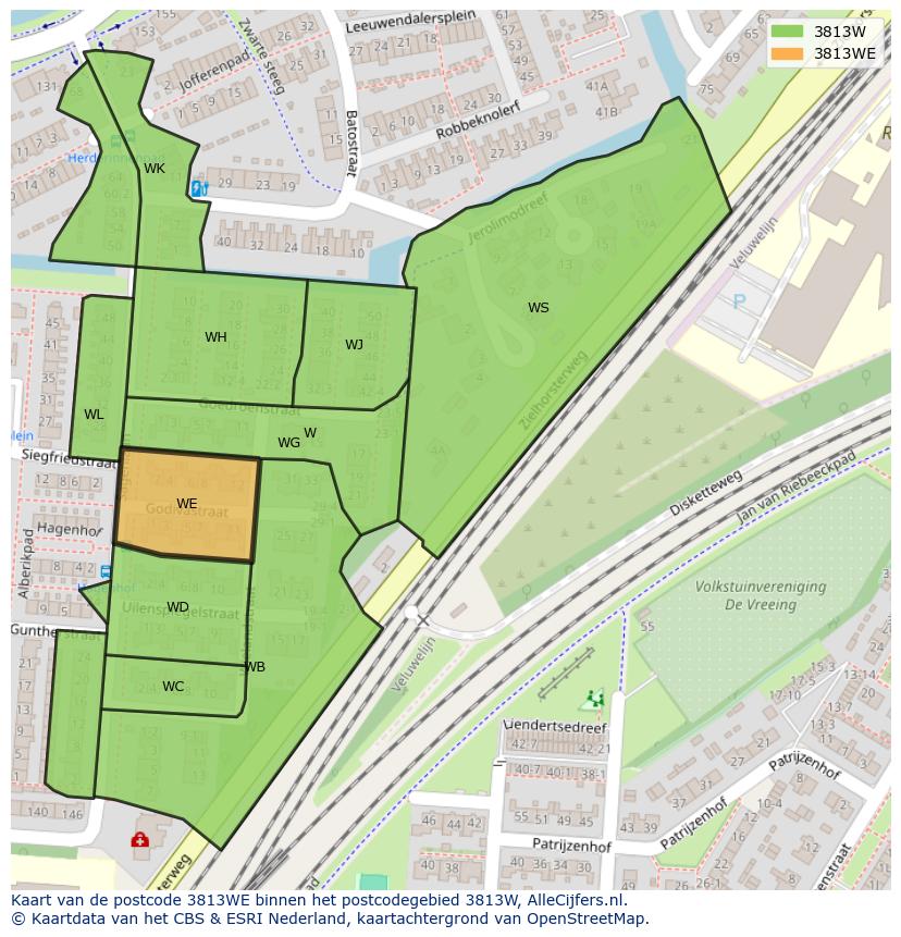 Afbeelding van het postcodegebied 3813 WE op de kaart.