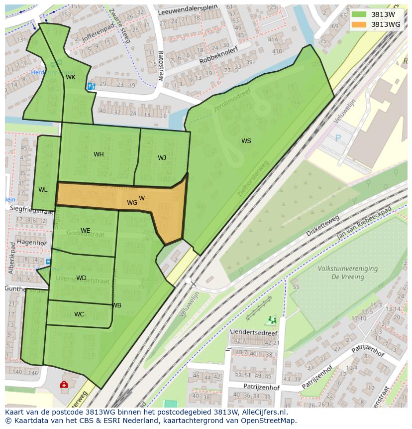 Afbeelding van het postcodegebied 3813 WG op de kaart.