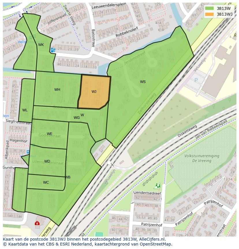 Afbeelding van het postcodegebied 3813 WJ op de kaart.