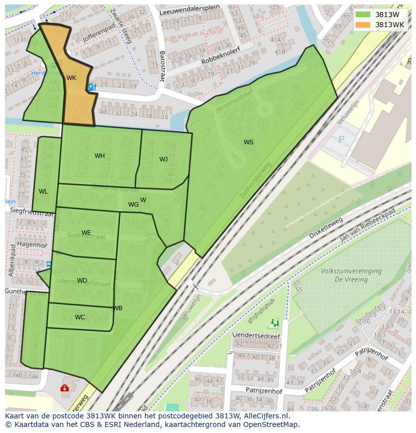 Afbeelding van het postcodegebied 3813 WK op de kaart.