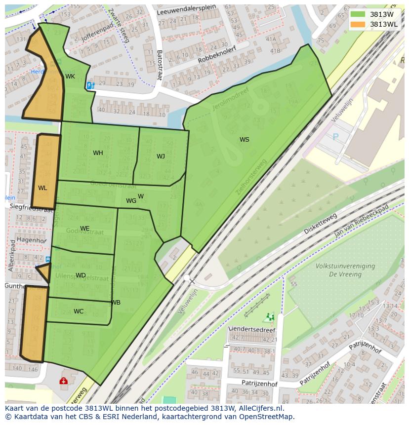 Afbeelding van het postcodegebied 3813 WL op de kaart.