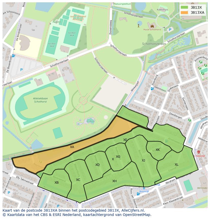 Afbeelding van het postcodegebied 3813 XA op de kaart.