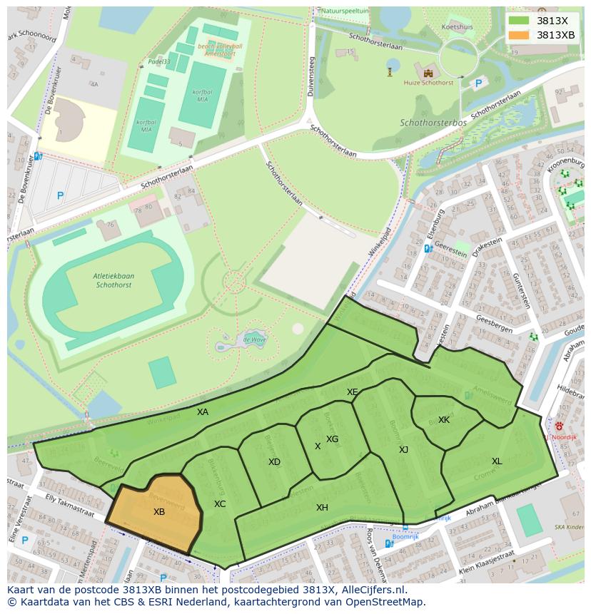 Afbeelding van het postcodegebied 3813 XB op de kaart.