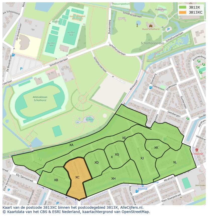Afbeelding van het postcodegebied 3813 XC op de kaart.