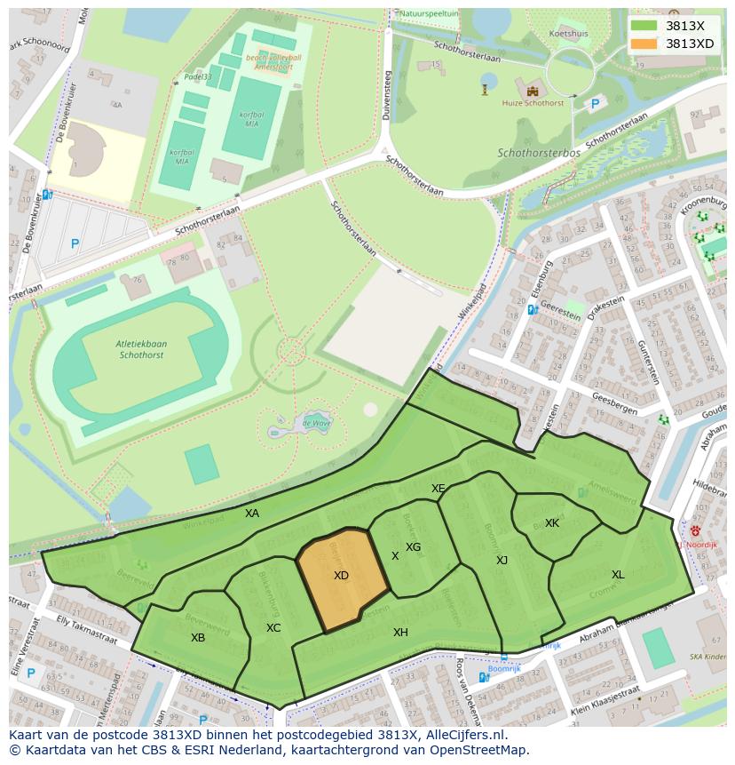 Afbeelding van het postcodegebied 3813 XD op de kaart.
