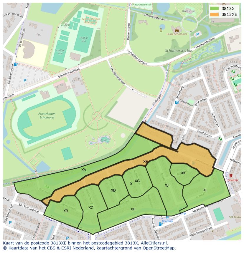 Afbeelding van het postcodegebied 3813 XE op de kaart.