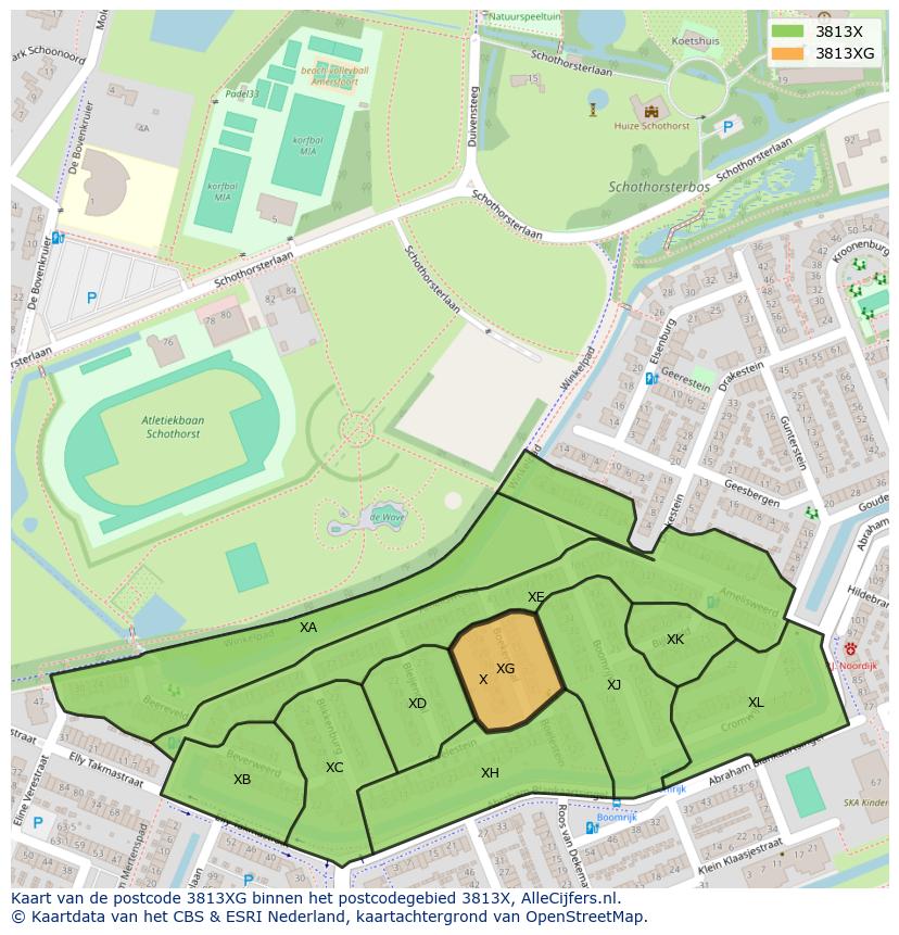 Afbeelding van het postcodegebied 3813 XG op de kaart.