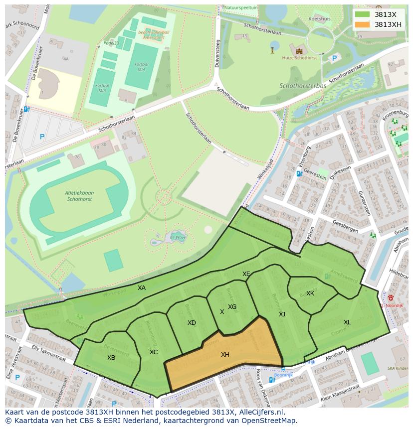 Afbeelding van het postcodegebied 3813 XH op de kaart.