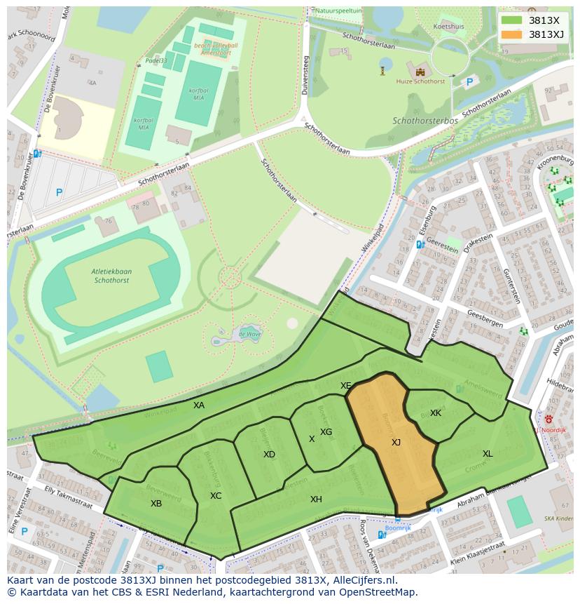 Afbeelding van het postcodegebied 3813 XJ op de kaart.