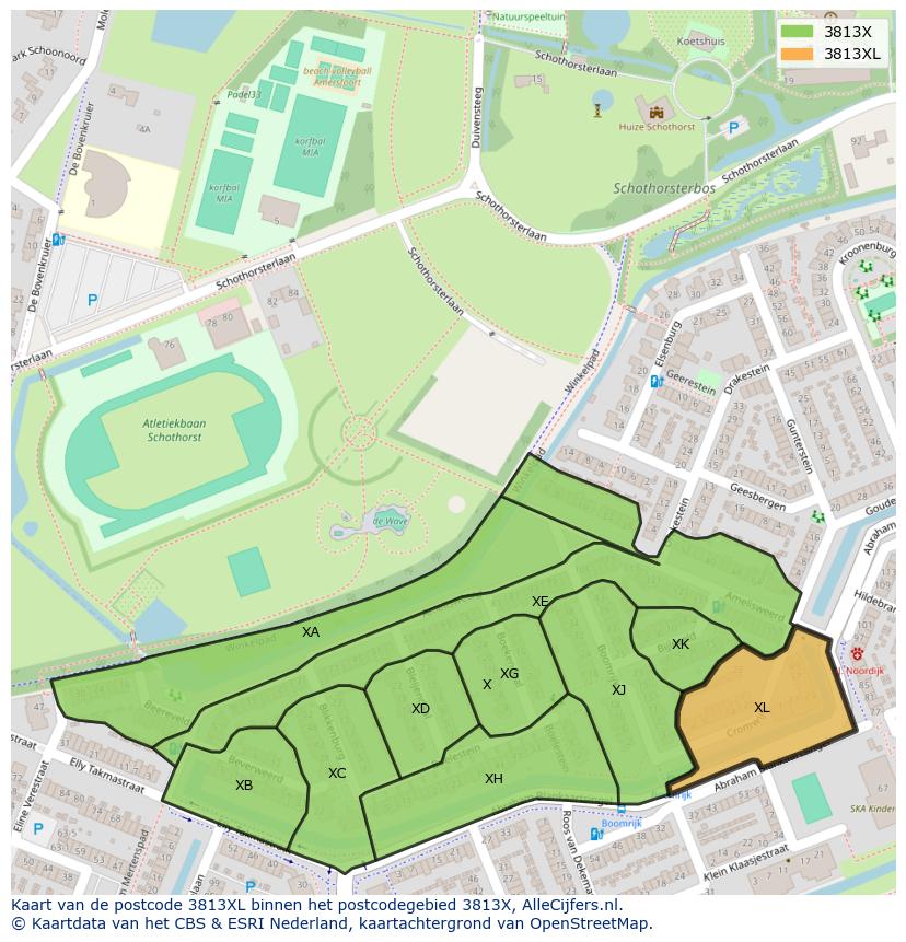 Afbeelding van het postcodegebied 3813 XL op de kaart.
