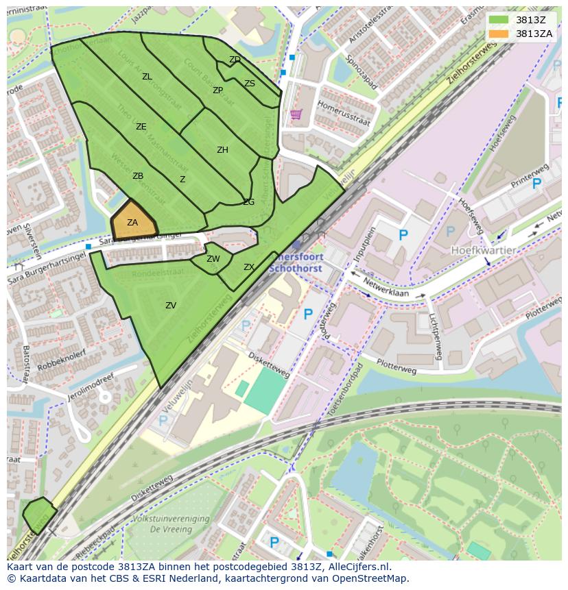 Afbeelding van het postcodegebied 3813 ZA op de kaart.