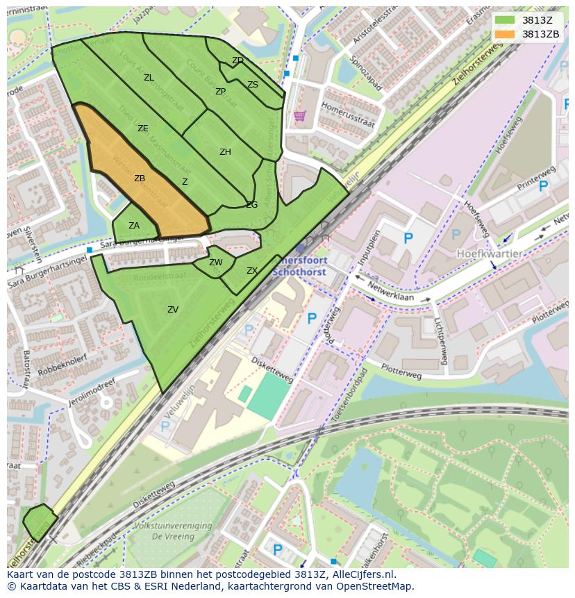 Afbeelding van het postcodegebied 3813 ZB op de kaart.