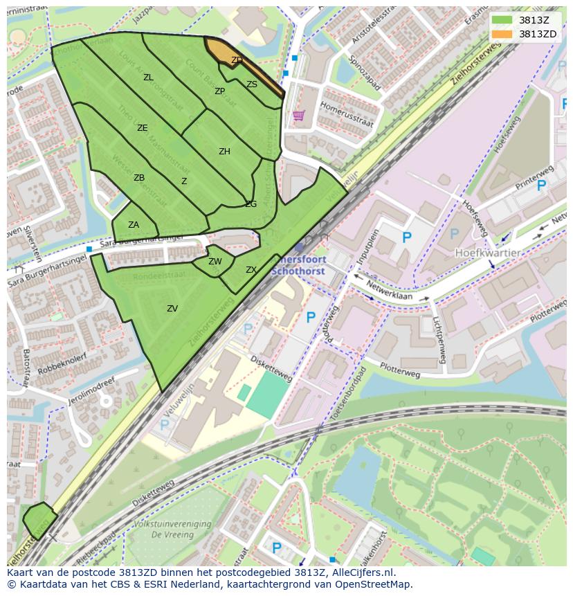 Afbeelding van het postcodegebied 3813 ZD op de kaart.