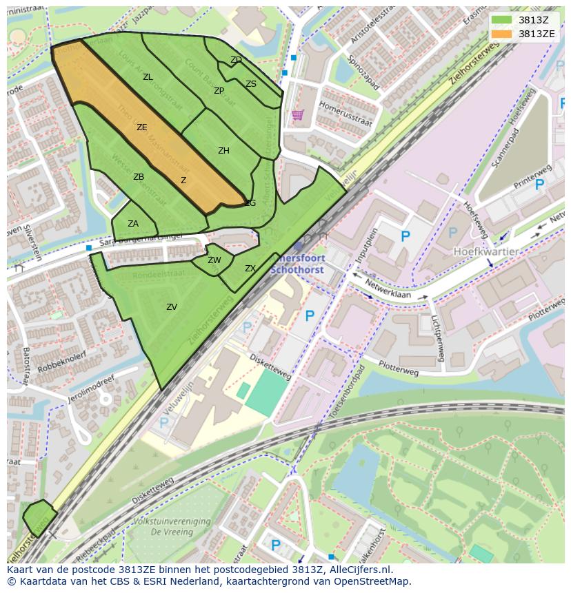Afbeelding van het postcodegebied 3813 ZE op de kaart.