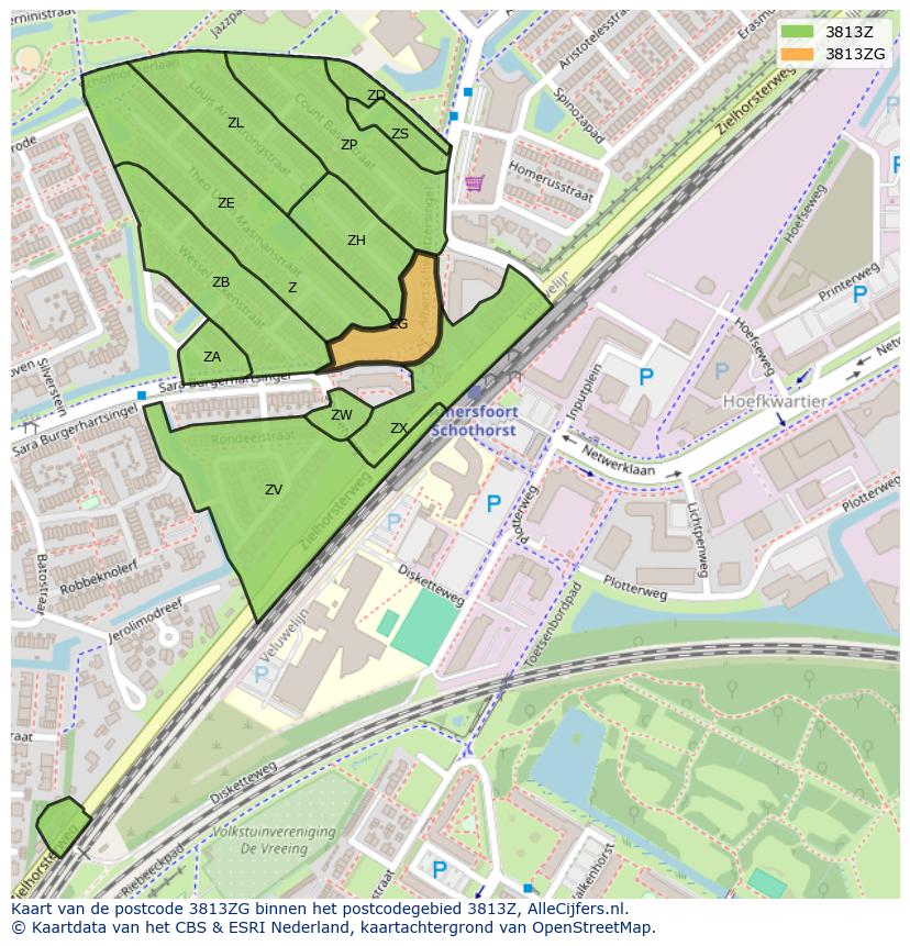 Afbeelding van het postcodegebied 3813 ZG op de kaart.