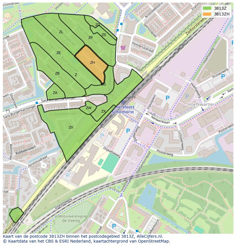 Afbeelding van het postcodegebied 3813 ZH op de kaart.