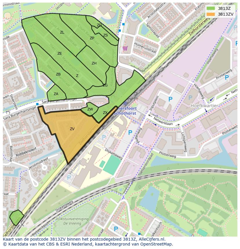 Afbeelding van het postcodegebied 3813 ZV op de kaart.