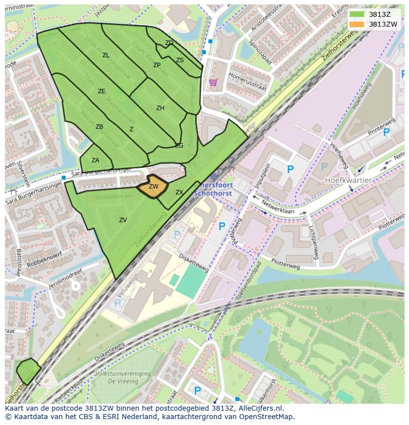 Afbeelding van het postcodegebied 3813 ZW op de kaart.