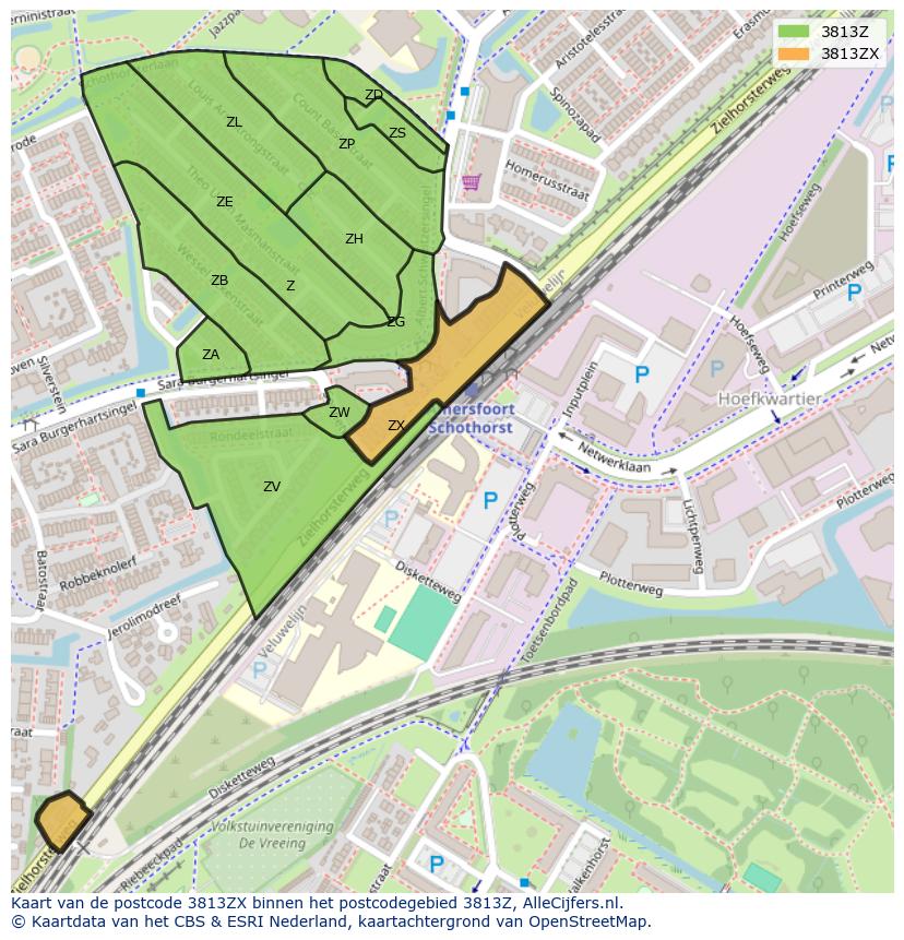 Afbeelding van het postcodegebied 3813 ZX op de kaart.
