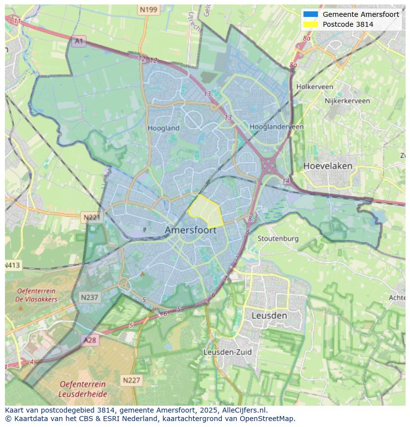 Afbeelding van het postcodegebied 3814 op de kaart.