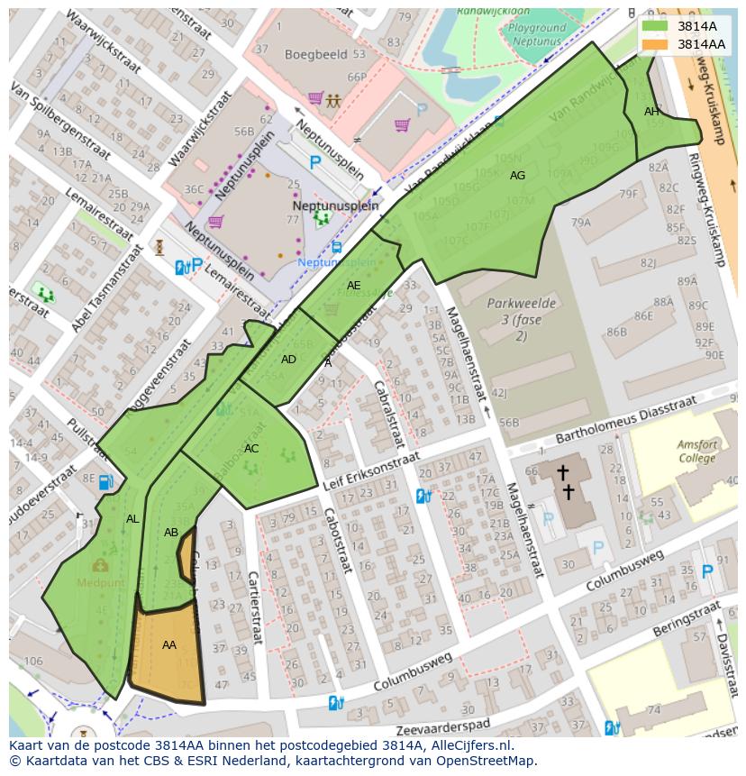 Afbeelding van het postcodegebied 3814 AA op de kaart.
