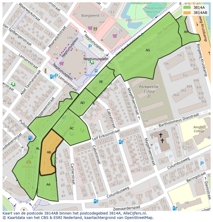 Afbeelding van het postcodegebied 3814 AB op de kaart.