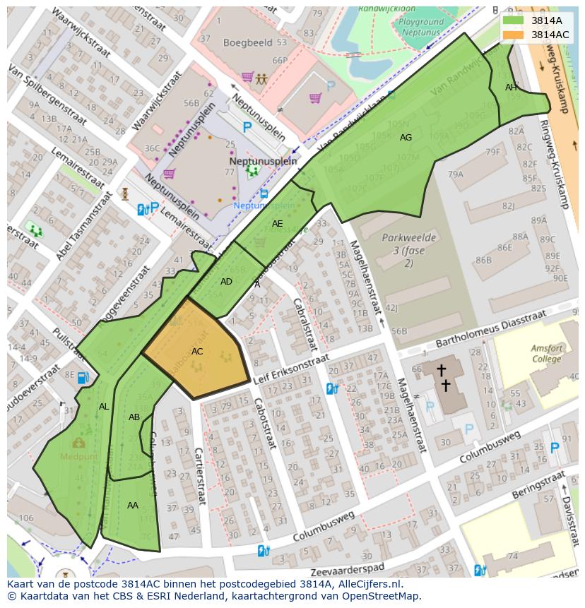 Afbeelding van het postcodegebied 3814 AC op de kaart.