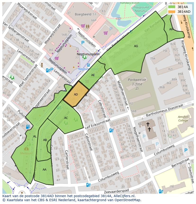 Afbeelding van het postcodegebied 3814 AD op de kaart.