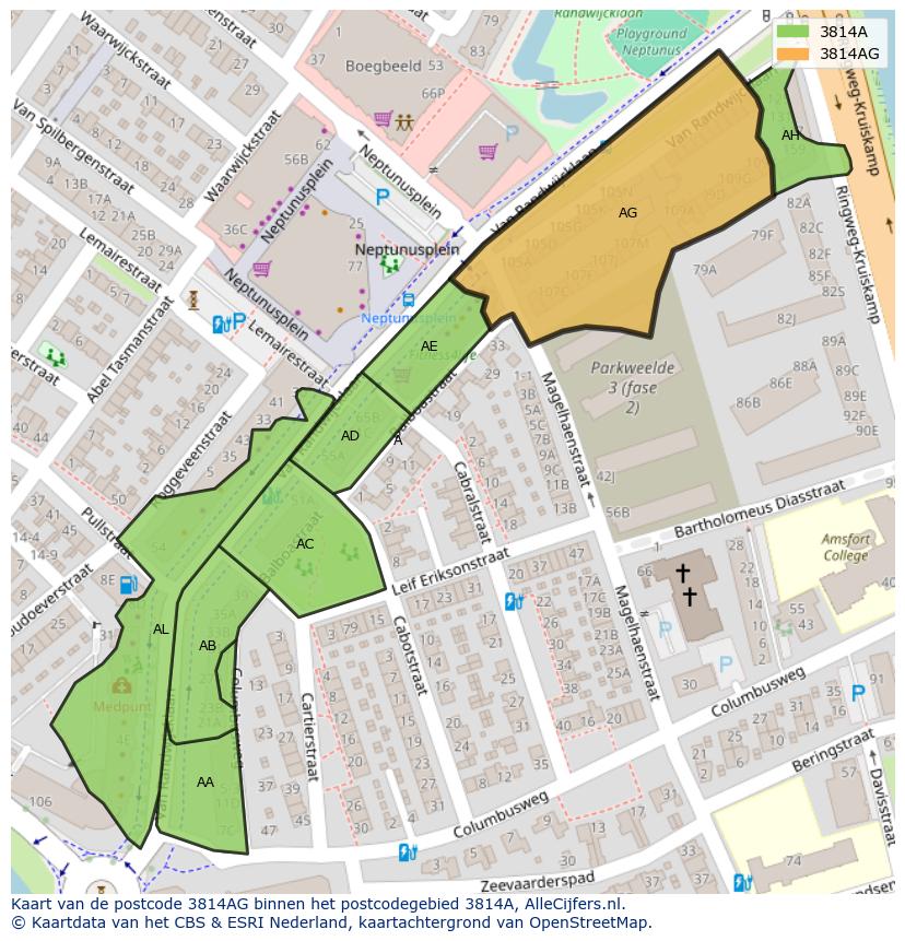 Afbeelding van het postcodegebied 3814 AG op de kaart.
