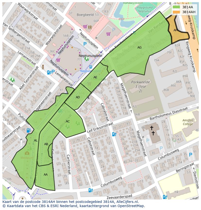 Afbeelding van het postcodegebied 3814 AH op de kaart.