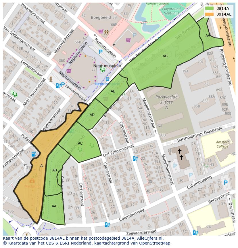 Afbeelding van het postcodegebied 3814 AL op de kaart.