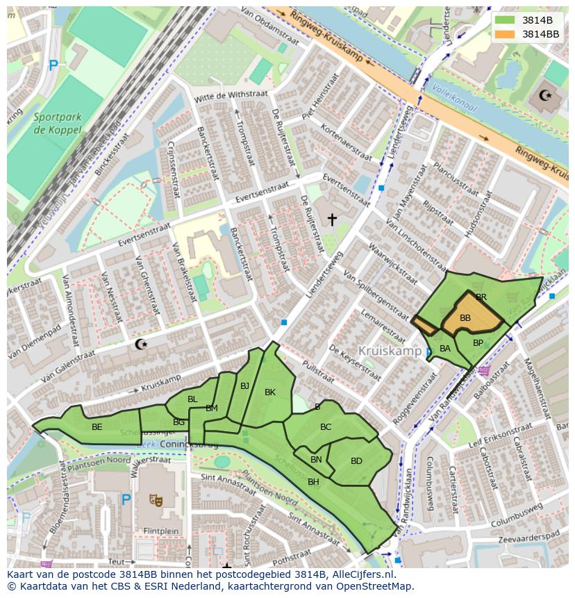 Afbeelding van het postcodegebied 3814 BB op de kaart.