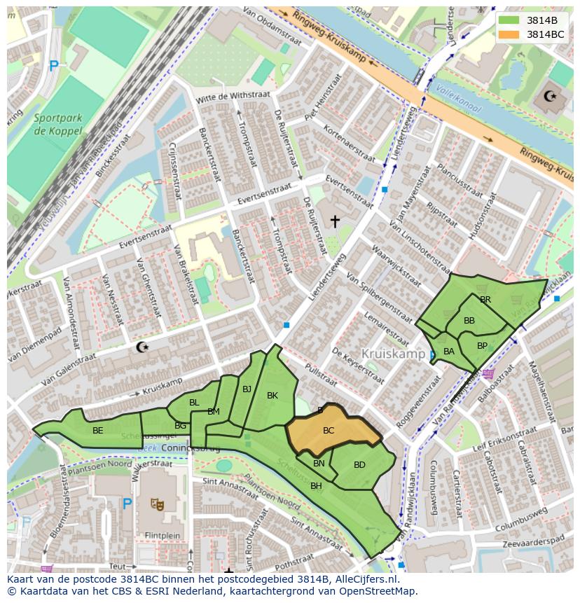 Afbeelding van het postcodegebied 3814 BC op de kaart.