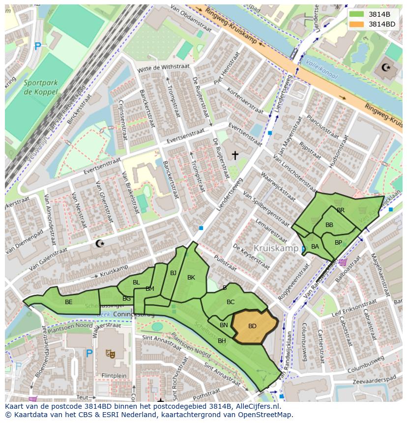 Afbeelding van het postcodegebied 3814 BD op de kaart.