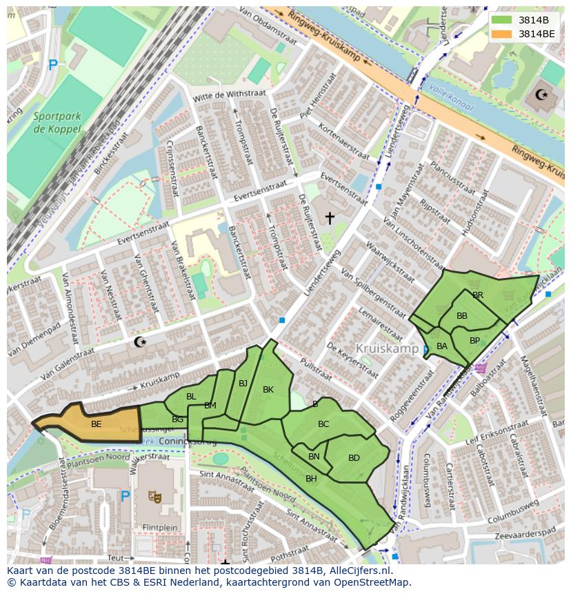 Afbeelding van het postcodegebied 3814 BE op de kaart.