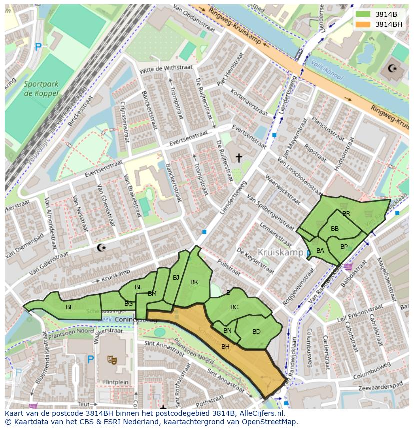Afbeelding van het postcodegebied 3814 BH op de kaart.