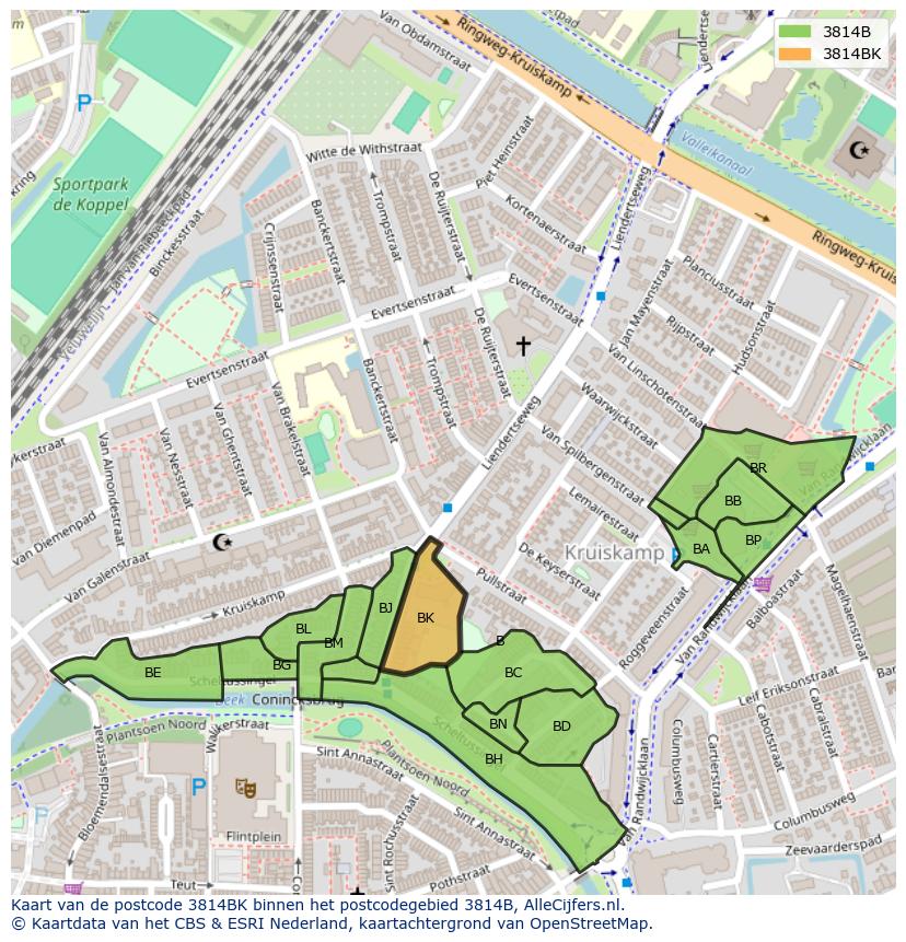 Afbeelding van het postcodegebied 3814 BK op de kaart.