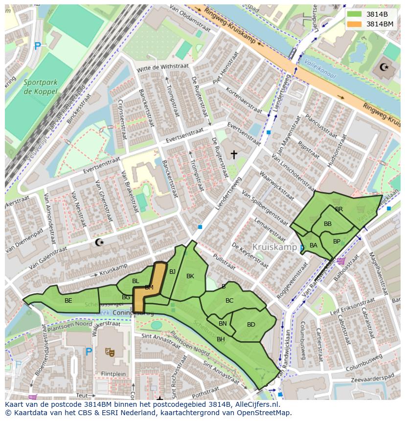 Afbeelding van het postcodegebied 3814 BM op de kaart.