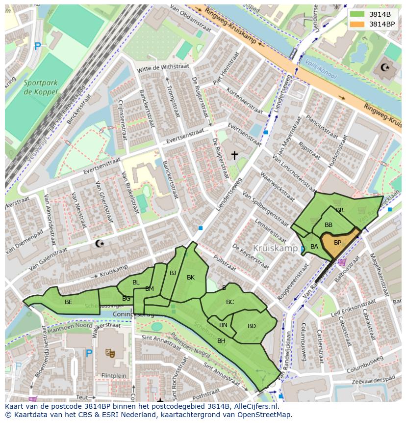 Afbeelding van het postcodegebied 3814 BP op de kaart.