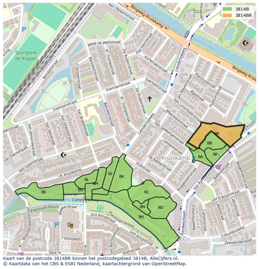 Afbeelding van het postcodegebied 3814 BR op de kaart.