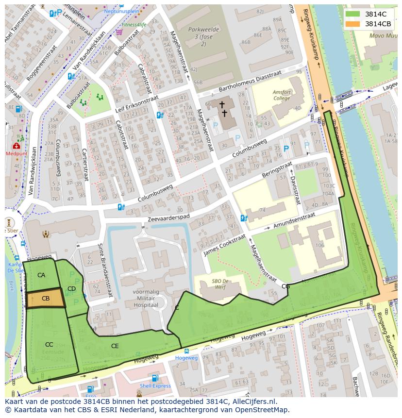 Afbeelding van het postcodegebied 3814 CB op de kaart.