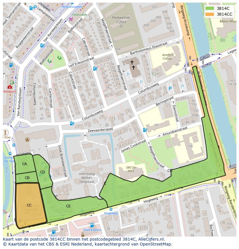 Afbeelding van het postcodegebied 3814 CC op de kaart.