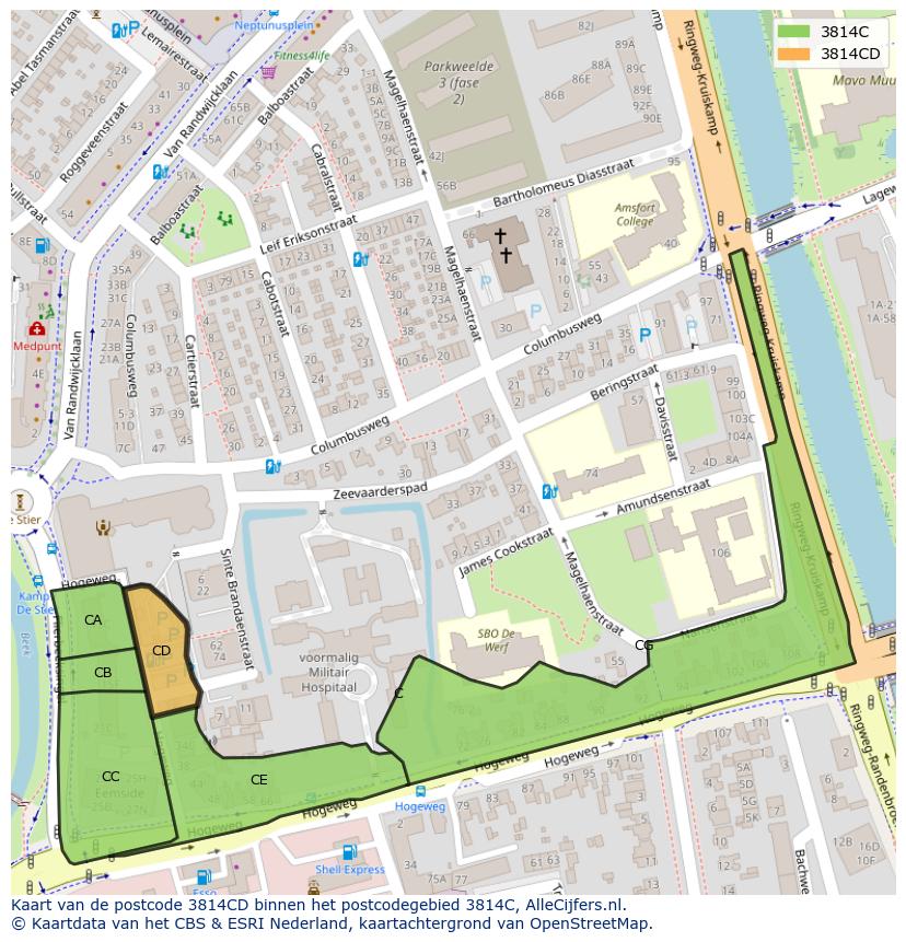 Afbeelding van het postcodegebied 3814 CD op de kaart.
