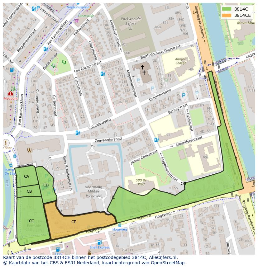 Afbeelding van het postcodegebied 3814 CE op de kaart.
