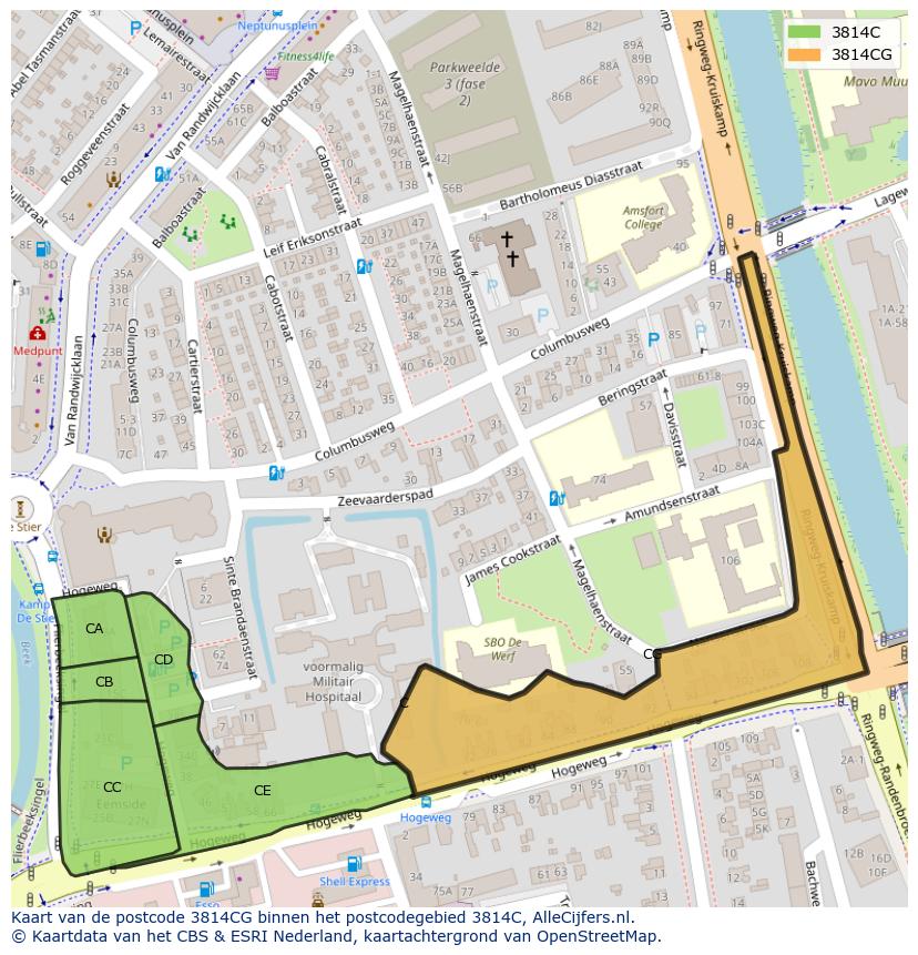 Afbeelding van het postcodegebied 3814 CG op de kaart.