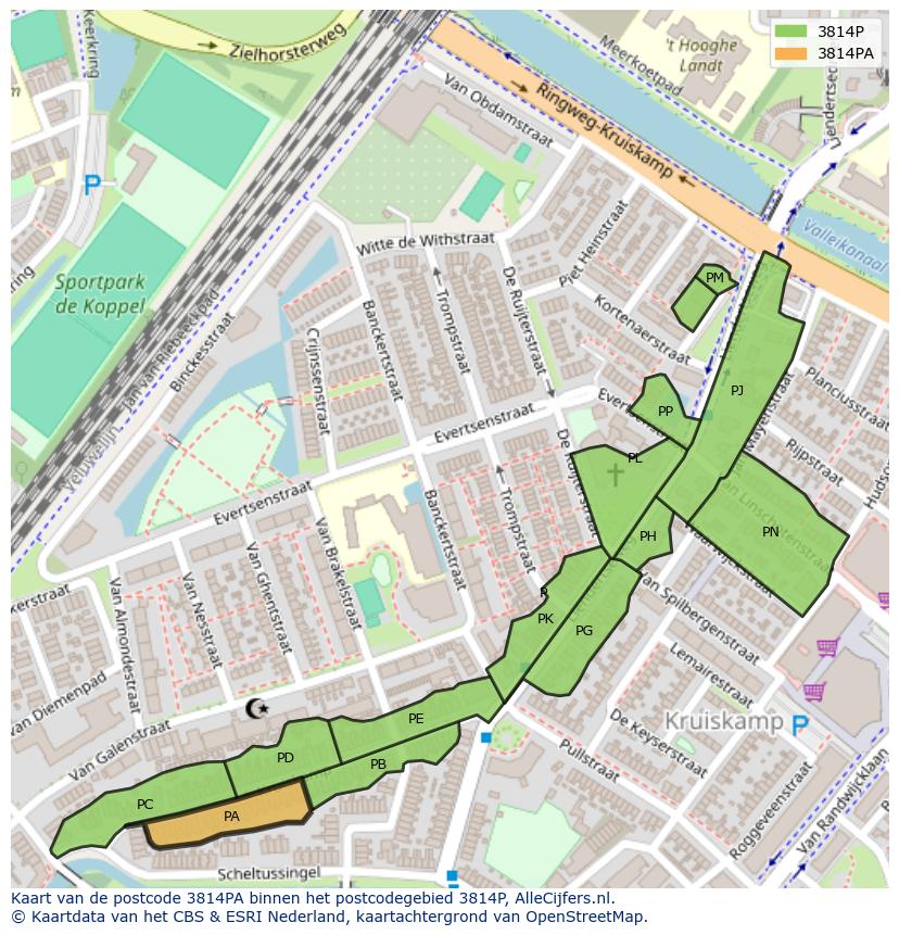 Afbeelding van het postcodegebied 3814 PA op de kaart.