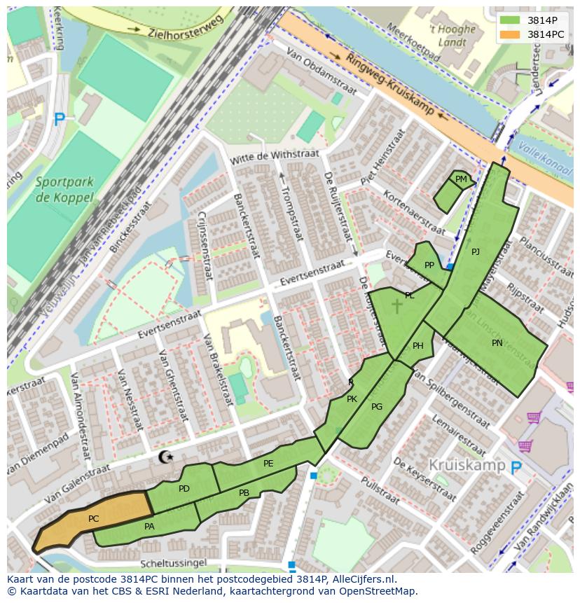 Afbeelding van het postcodegebied 3814 PC op de kaart.